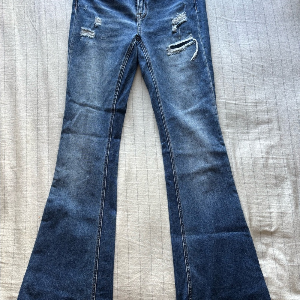 High-Rise Distressed Flare Jeans - Medium Blue